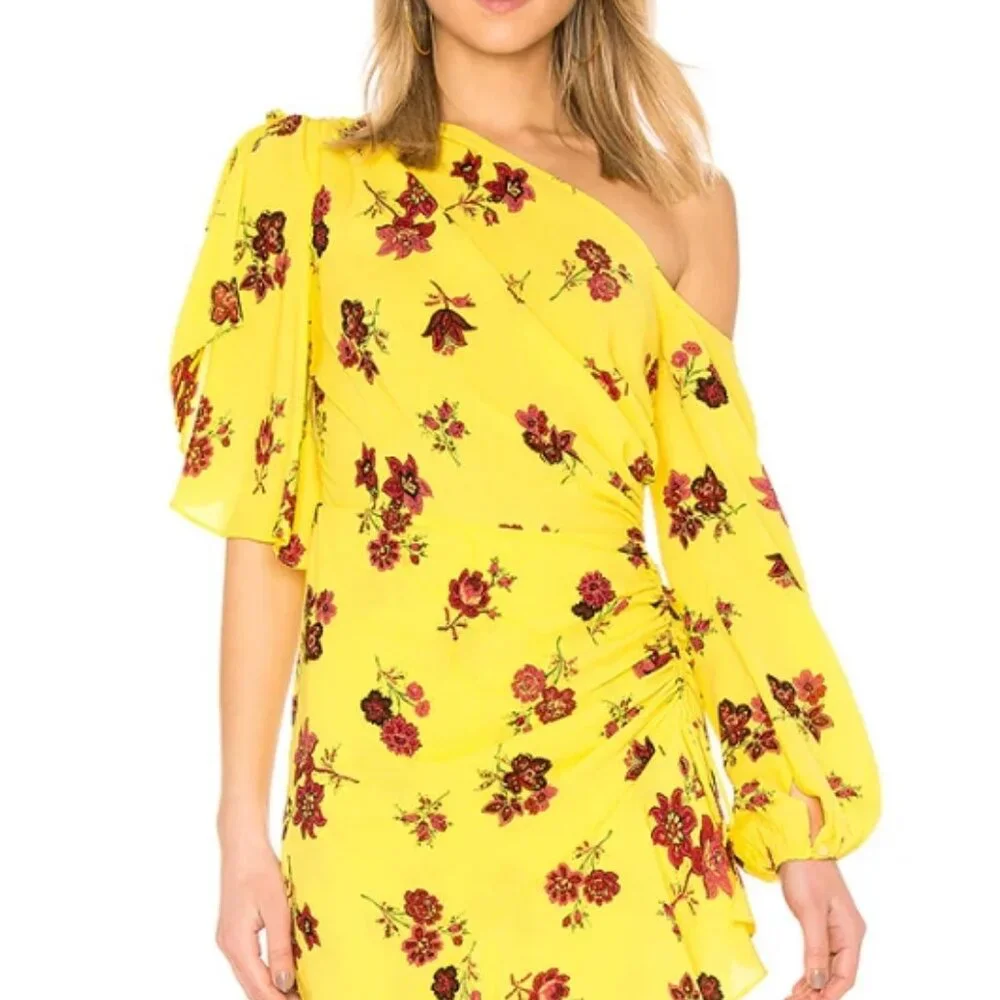 A.L.C Silk Florence Floral Ruffles Asymmetrical Midi Dress Linsey Yellow XS $675